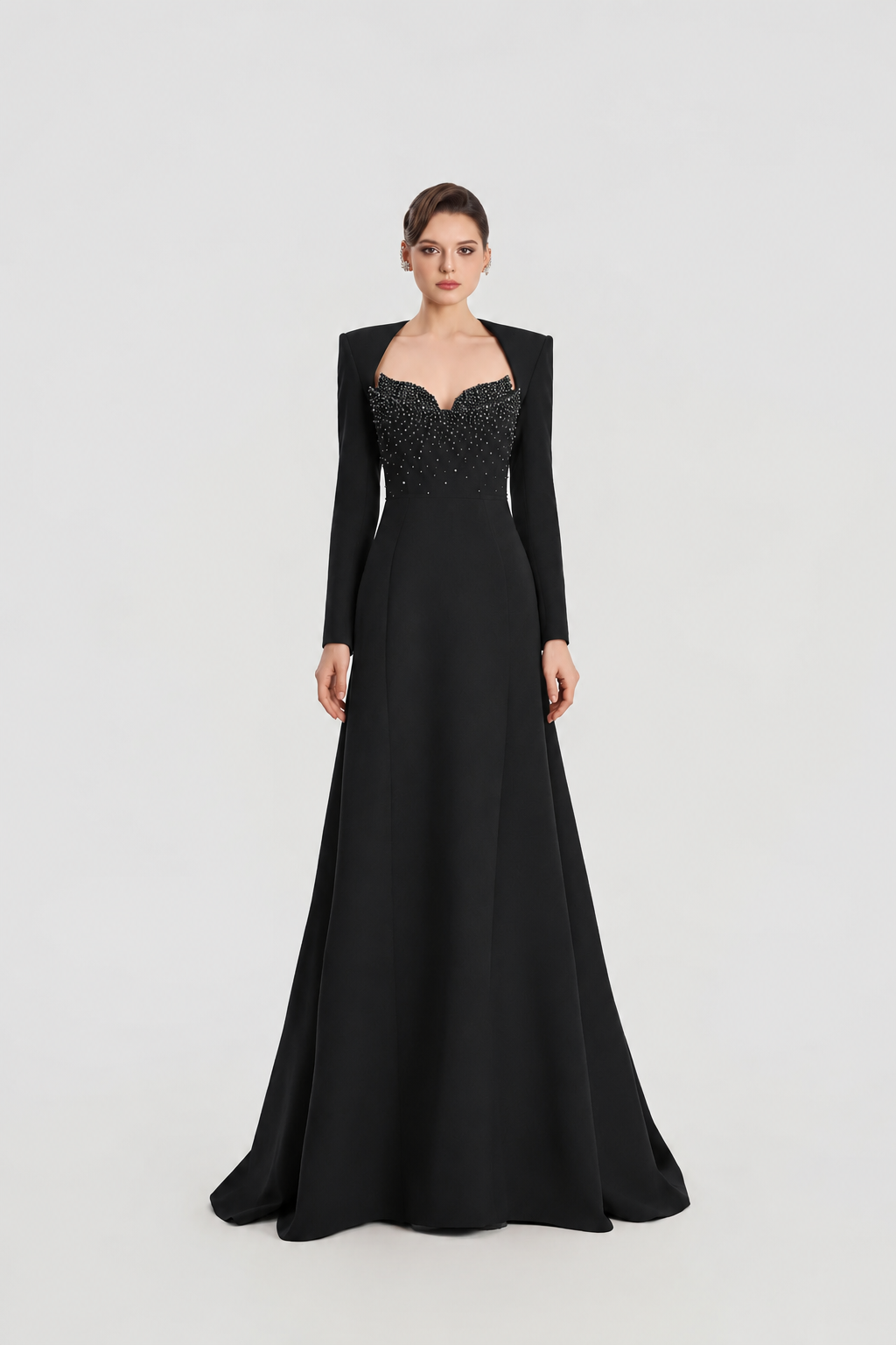 Padded Shoulder Long Sleeve Wavy Flared Dress - TRACY COUTURE