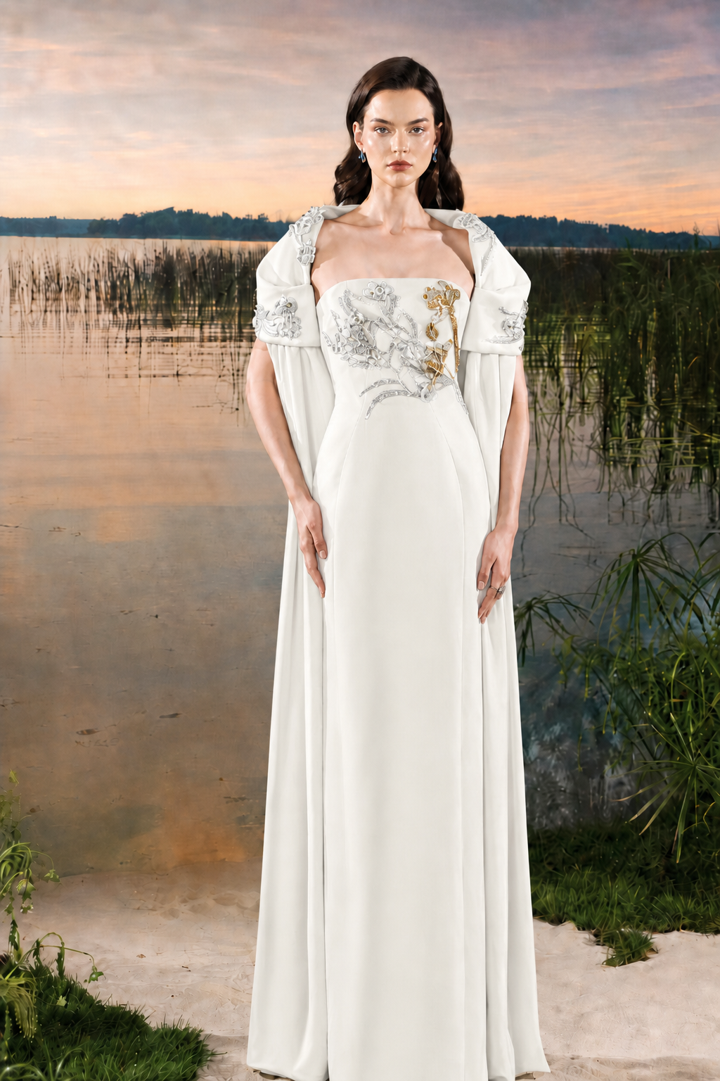Puffy Shoulder Cape Strapless Dress - TRACY COUTURE