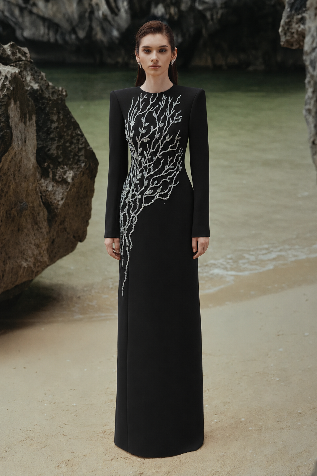 Padded Shoulder Crystal Embellished Straight Dress - TRACY COUTURE
