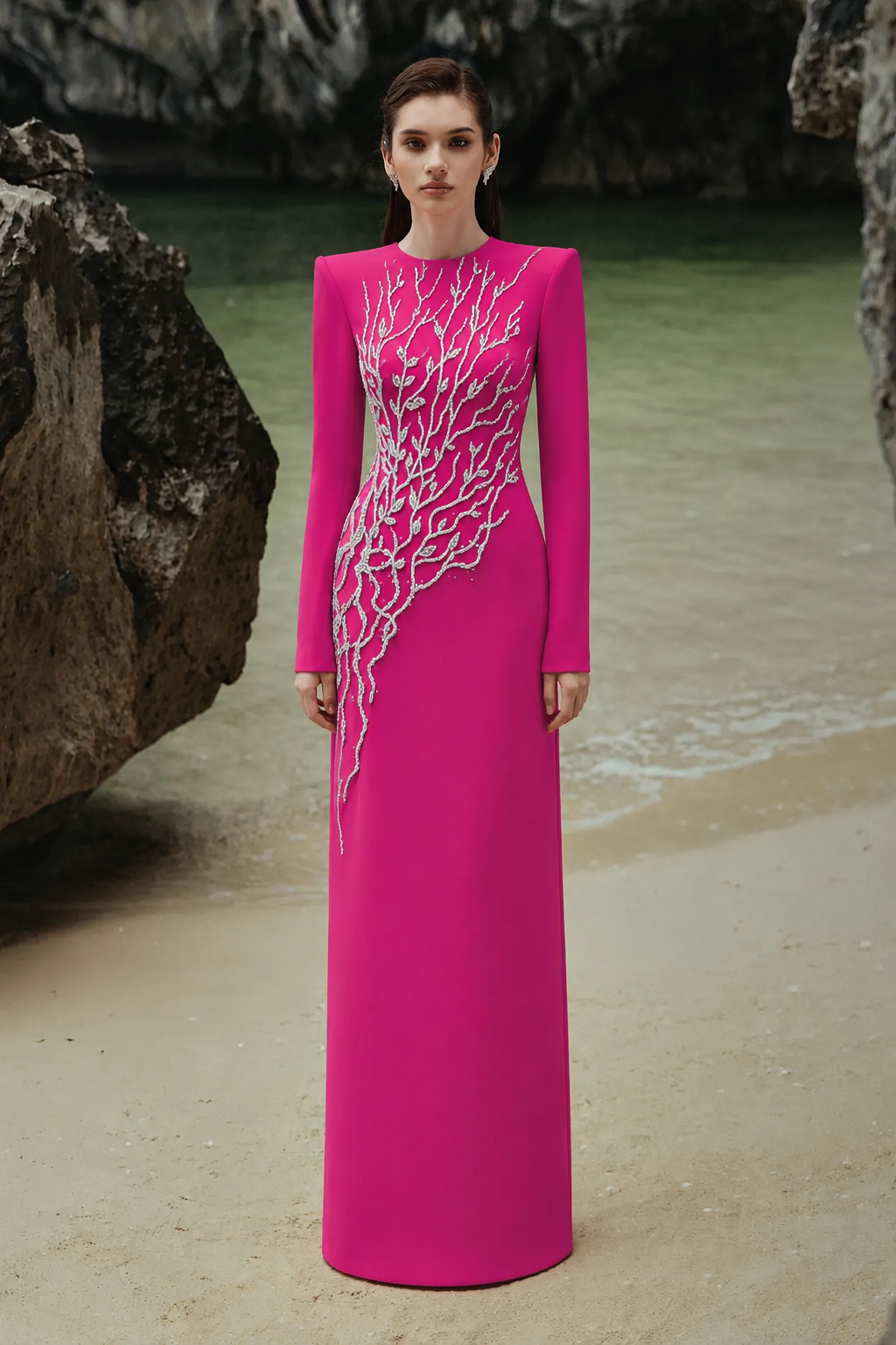 Padded Shoulder Crystal Embellished Straight Dress - TRACY COUTURE
