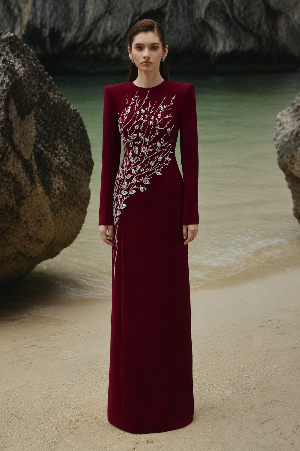 Padded Shoulder Crystal Embellished Straight Dress - TRACY COUTURE