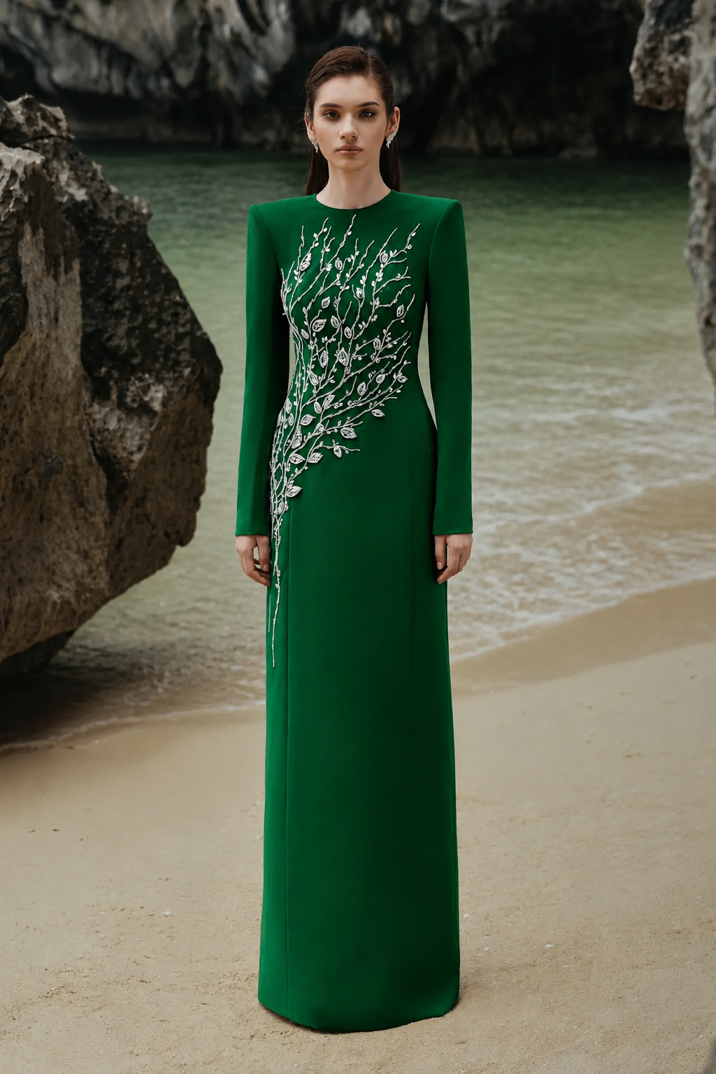 Padded Shoulder Crystal Embellished Straight Dress - TRACY COUTURE