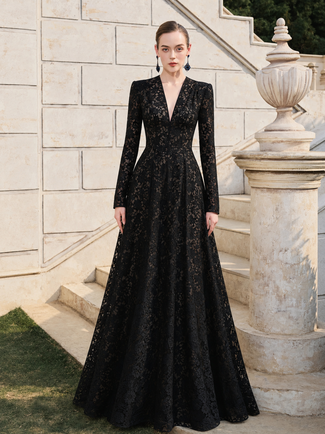 Floral Lace Long Sleeve Flared A-line Dress - TRACY COUTURE