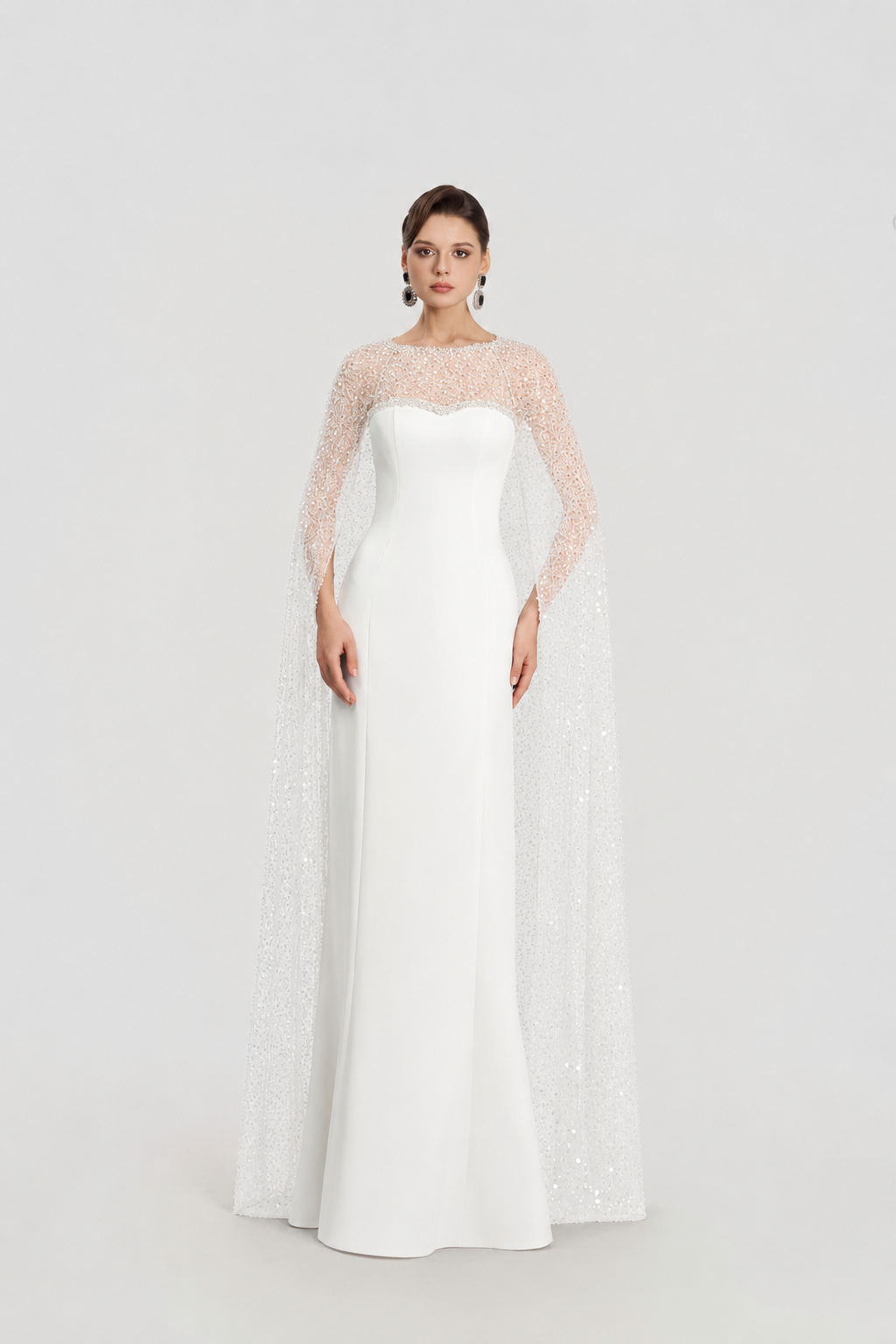 Sparkle See-Through Long Cape Straight Dress - TRACY COUTURE