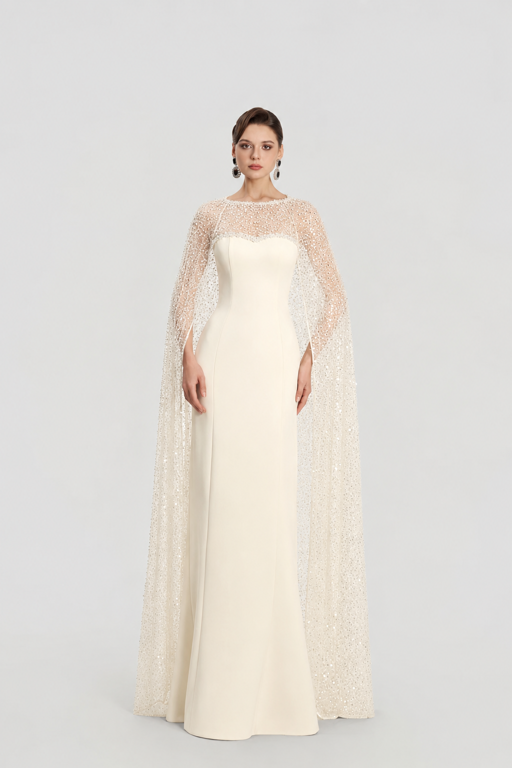 Sparkle See-Through Long Cape Straight Dress - TRACY COUTURE