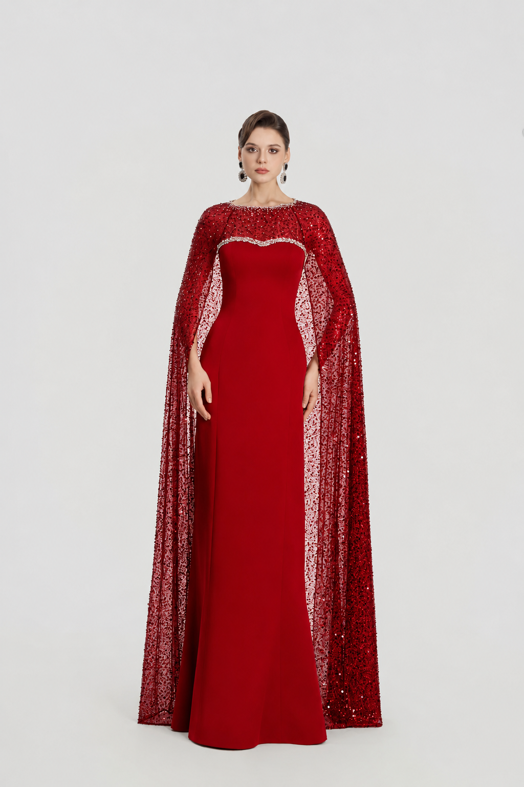 Sparkle See-Through Long Cape Straight Dress - TRACY COUTURE