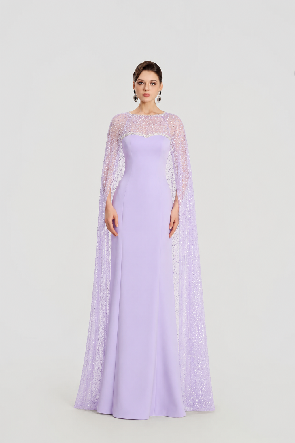 Sparkle See-Through Long Cape Straight Dress - TRACY COUTURE