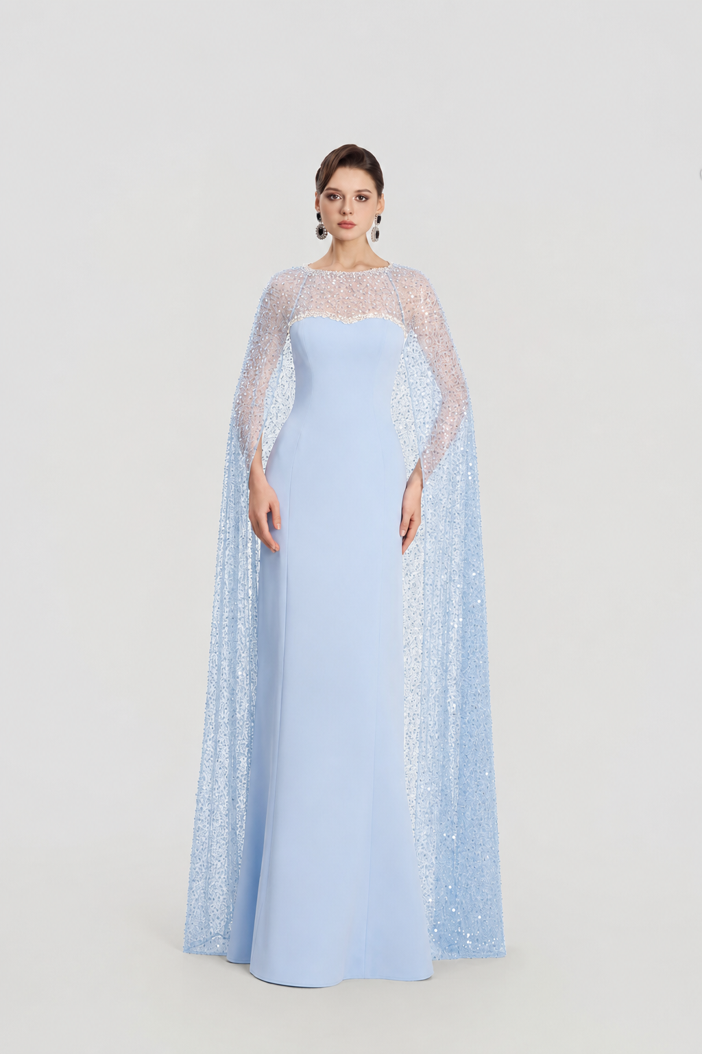 Sparkle See-Through Long Cape Straight Dress - TRACY COUTURE
