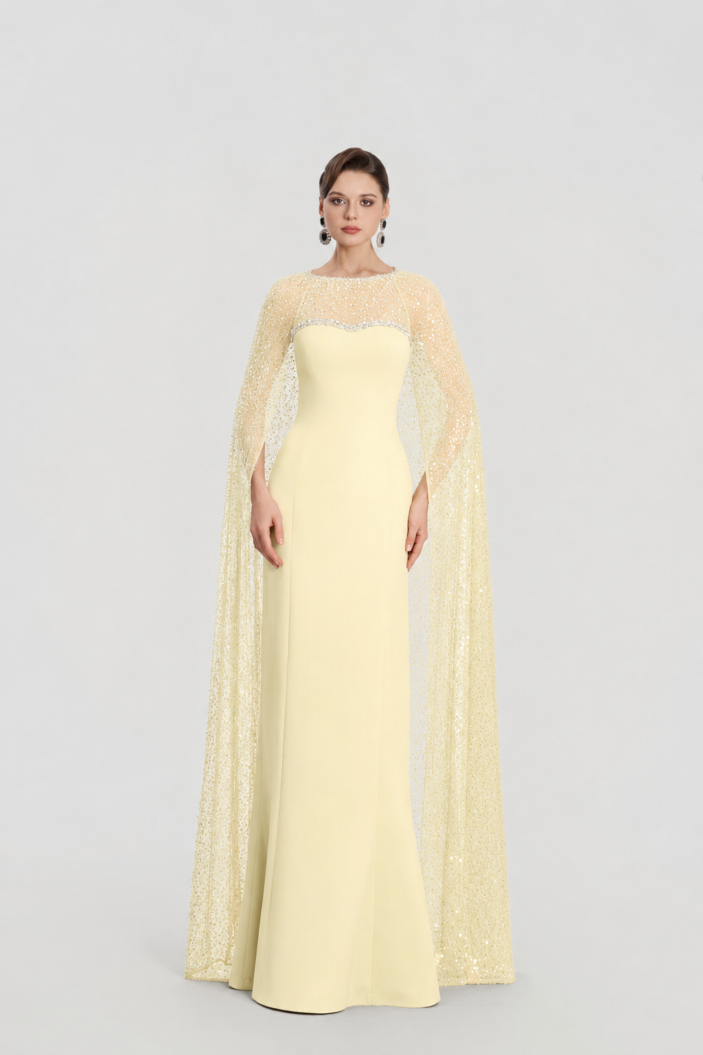 Sparkle See-Through Long Cape Straight Dress - TRACY COUTURE