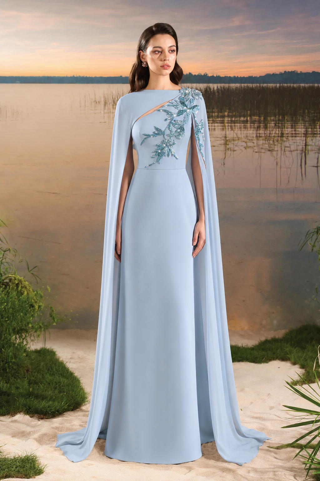 Diagonal Floral Embellished Long Back Flap Dress - TRACY COUTURE