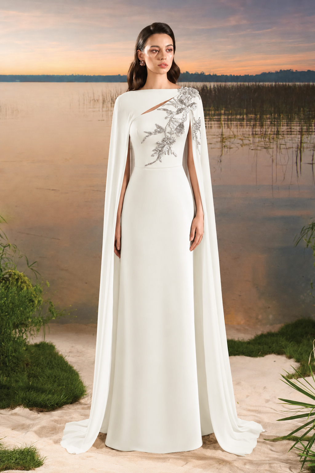 Diagonal Floral Embellished Long Back Flap Dress - TRACY COUTURE