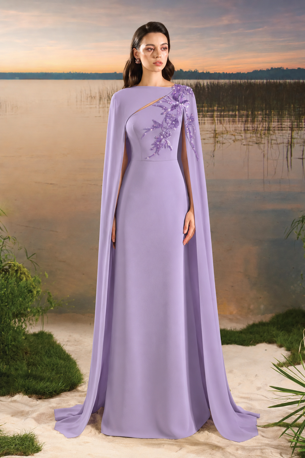 Diagonal Floral Embellished Long Back Flap Dress - TRACY COUTURE
