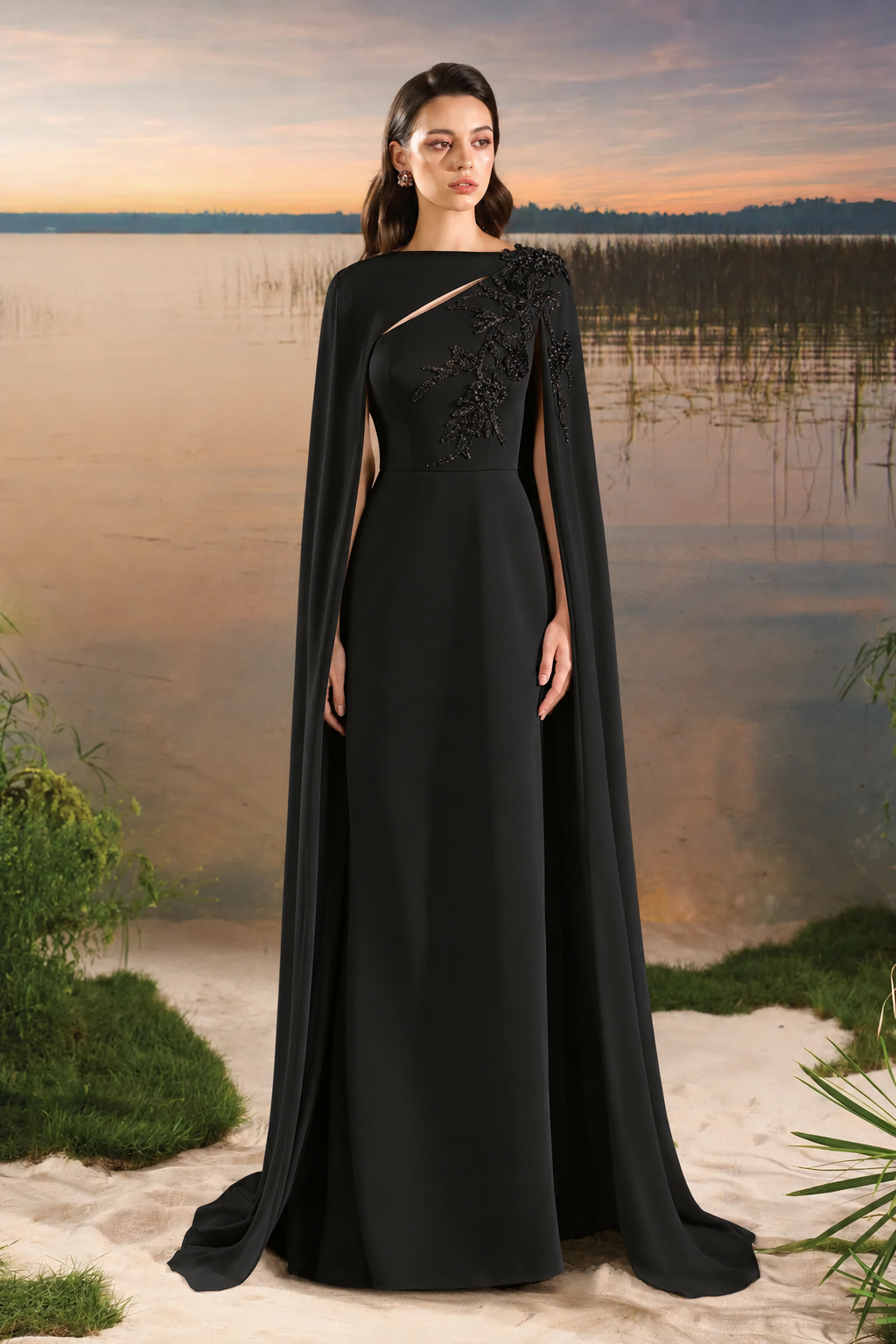 Diagonal Floral Embellished Long Back Flap Dress - TRACY COUTURE