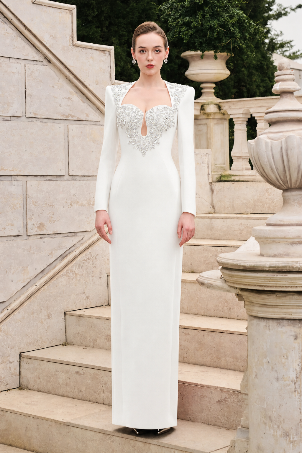 Trapezoid Neckline Tear-Drop Cut-Out Chest Dress - TRACY COUTURE