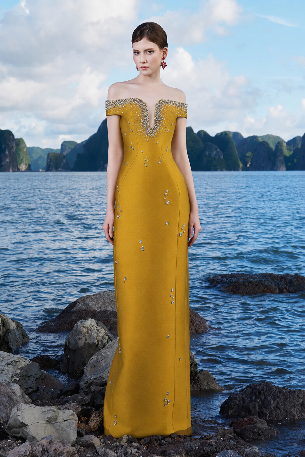 Curved Chest Off-Shoulder Dress - TRACY COUTURE