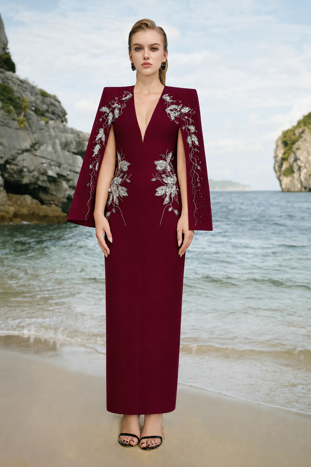 Cape Sleeves V-Neck Midi Dress - TRACY COUTURE