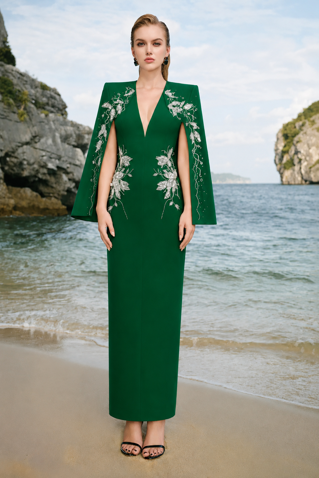 Cape Sleeves V-Neck Midi Dress - TRACY COUTURE
