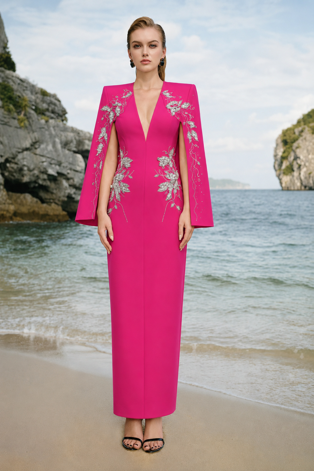 Cape Sleeves V-Neck Midi Dress - TRACY COUTURE