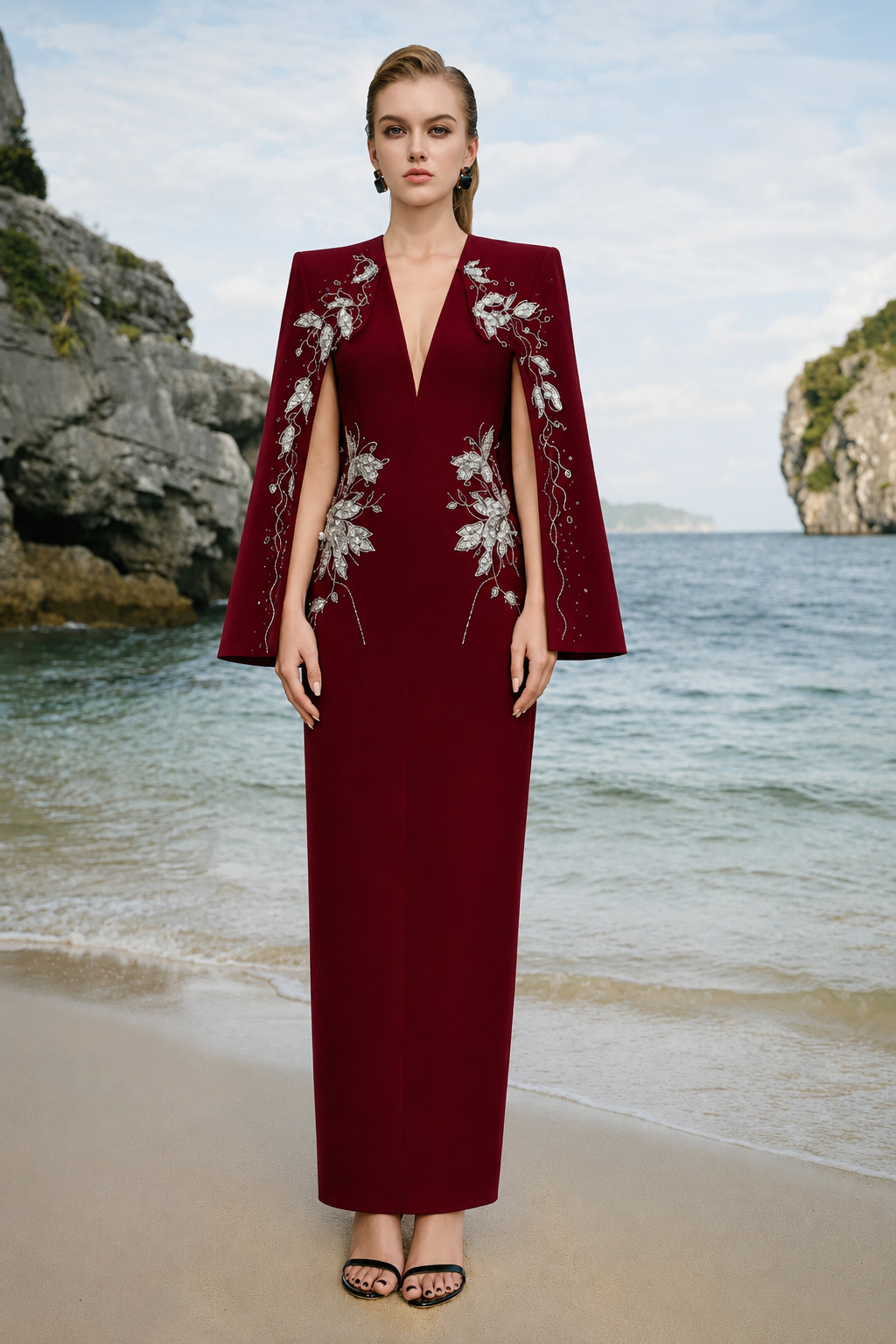 Cape Sleeves V-Neck Midi Dress - TRACY COUTURE