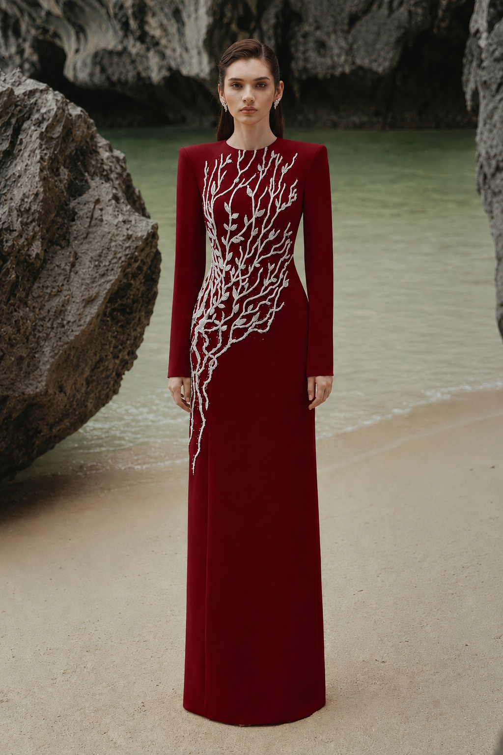 Padded Shoulder Crystal Embellished Straight Dress - TRACY COUTURE