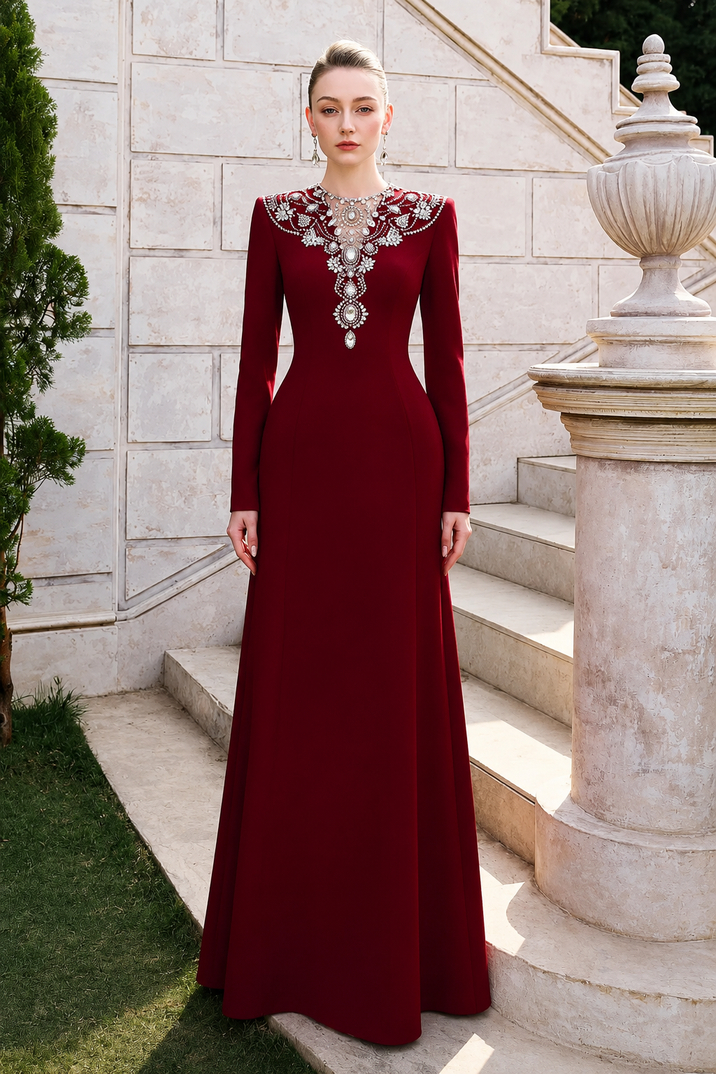Stylized Crystal-Embellished See-Through Chest A-line Dress - TRACY COUTURE