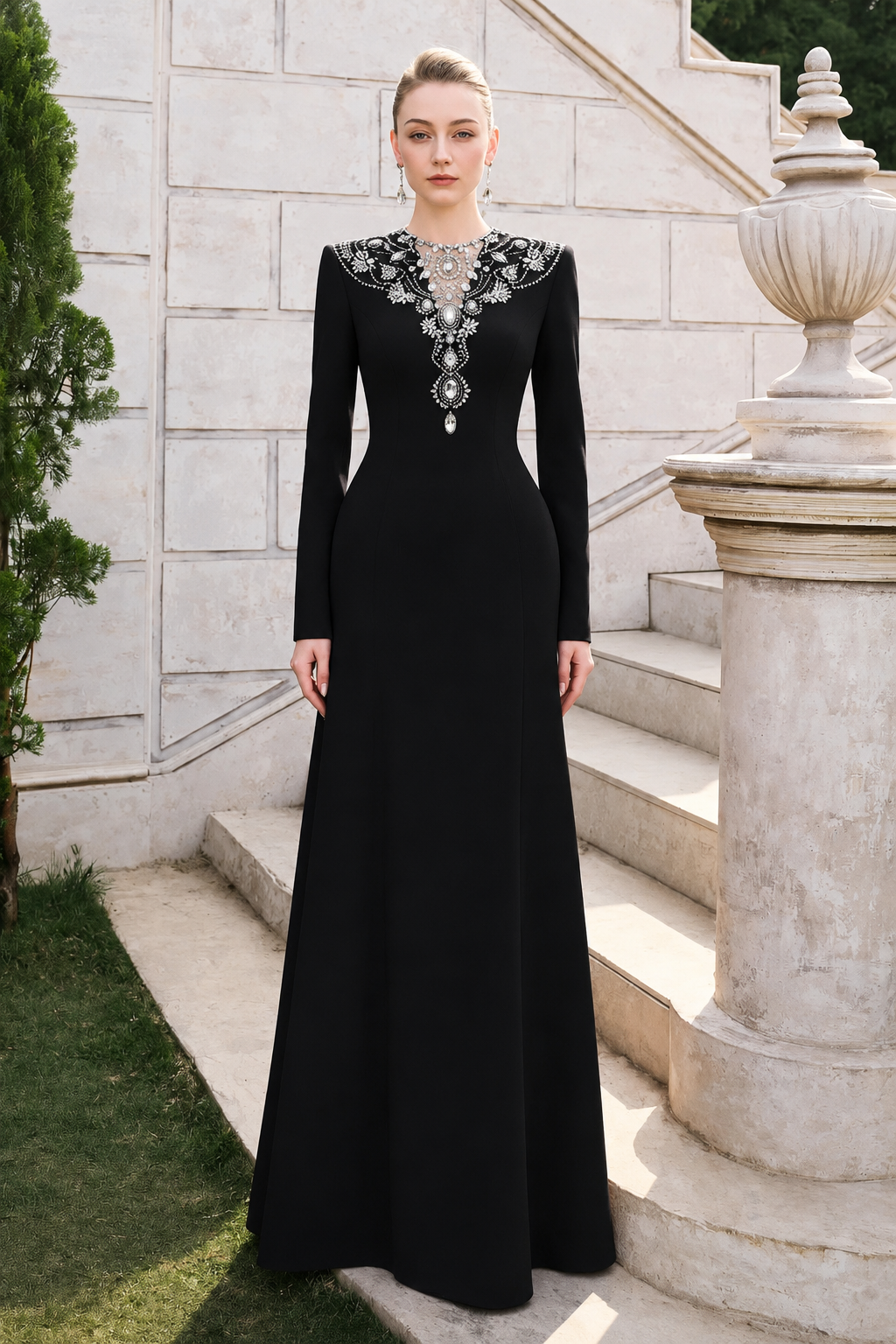 Stylized Crystal-Embellished See-Through Chest A-line Dress - TRACY COUTURE