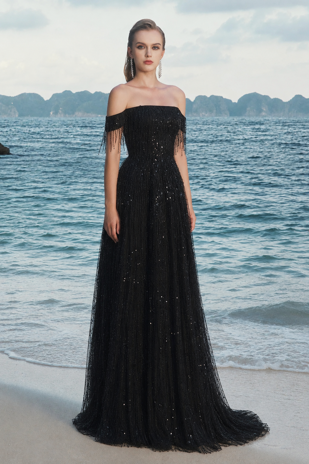 Off-Shoulder Sequin Embellished Dress - TRACY COUTURE