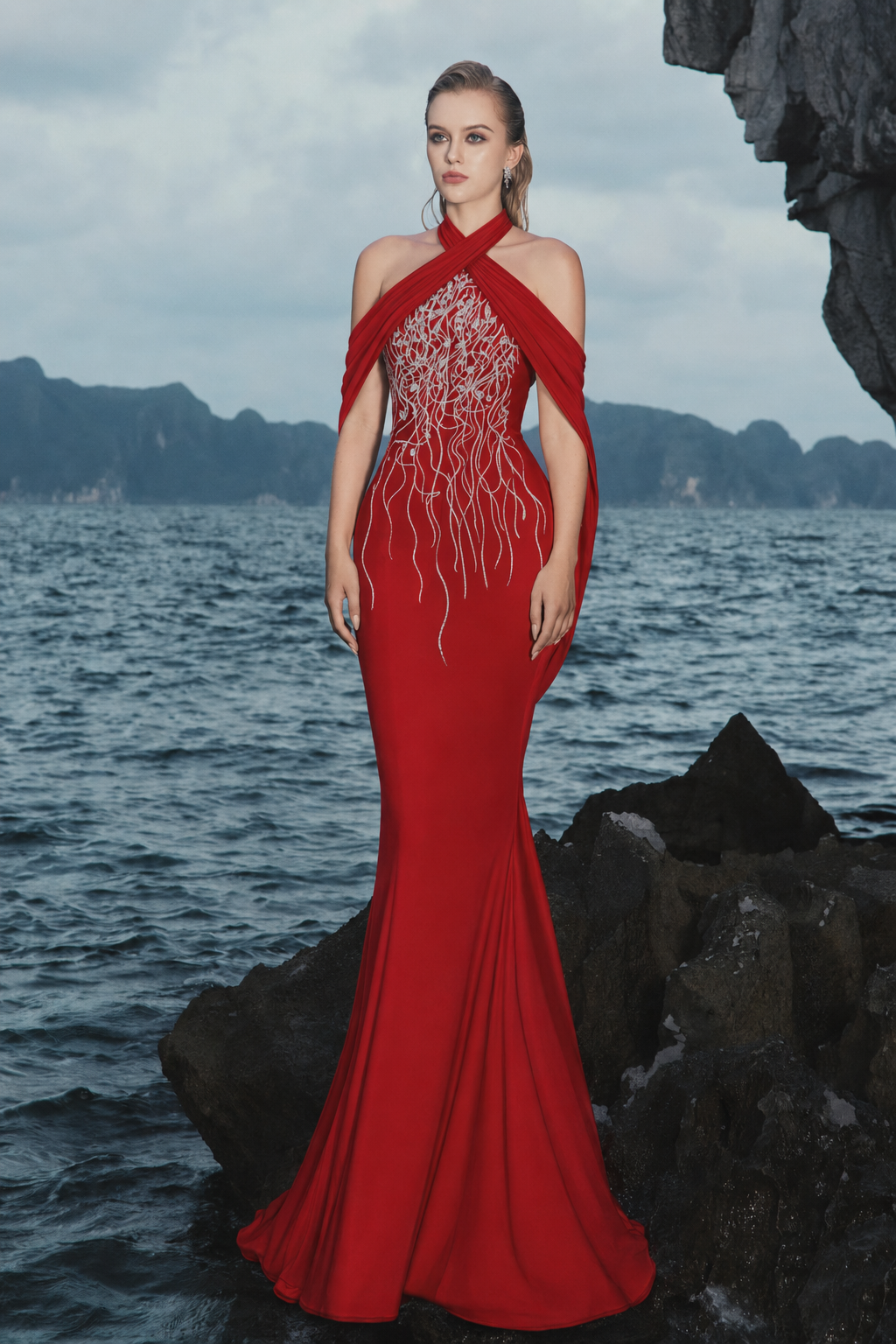Open Shoulder Cross-Over Flap Dress - TRACY COUTURE