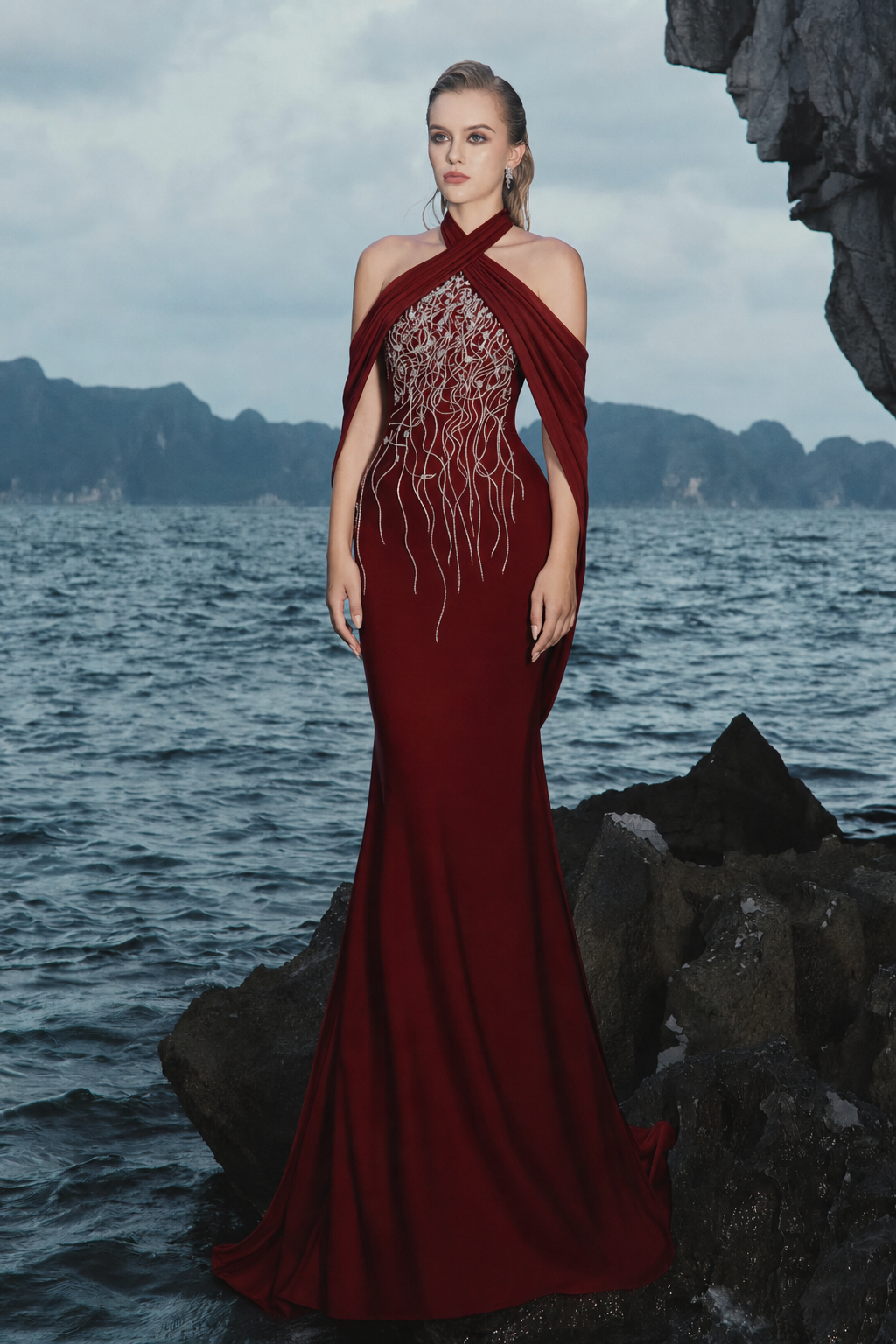 Open Shoulder Cross-Over Flap Dress - TRACY COUTURE