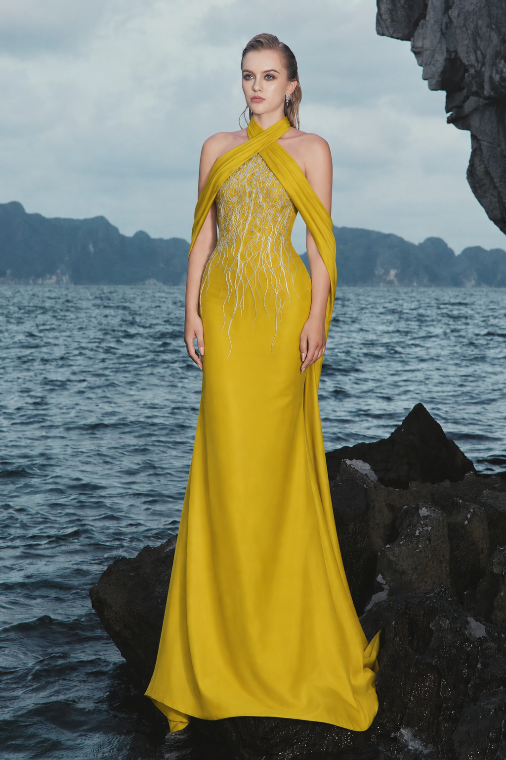 Open Shoulder Cross-Over Flap Dress - TRACY COUTURE