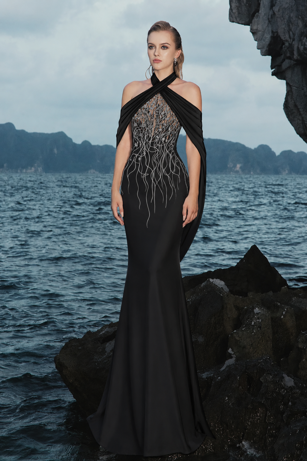 Open Shoulder Cross-Over Flap Dress - TRACY COUTURE