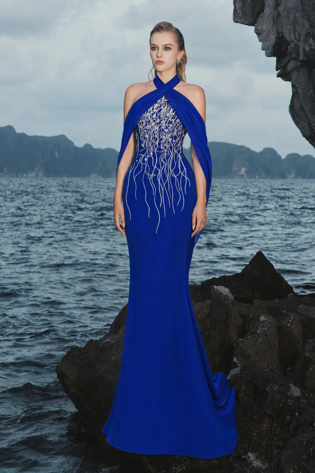 Open Shoulder Cross-Over Flap Dress - TRACY COUTURE