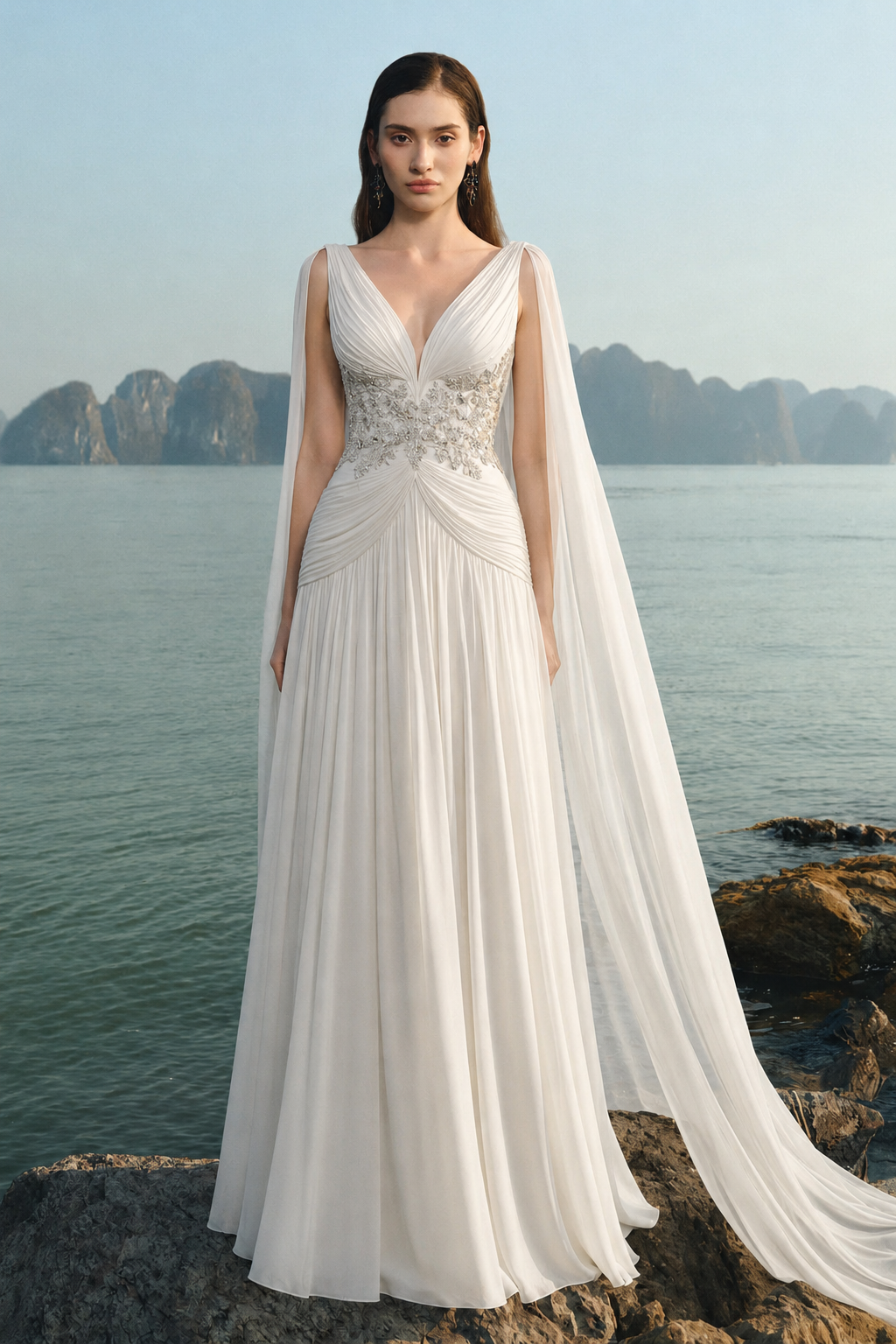 Stylized Neckline Wavy Flowing Cape Sleeves Dress - TRACY COUTURE