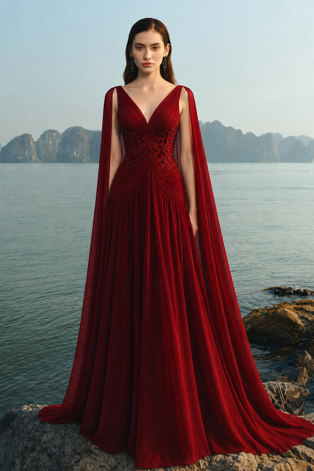 Stylized Neckline Wavy Flowing Cape Sleeves Dress - TRACY COUTURE
