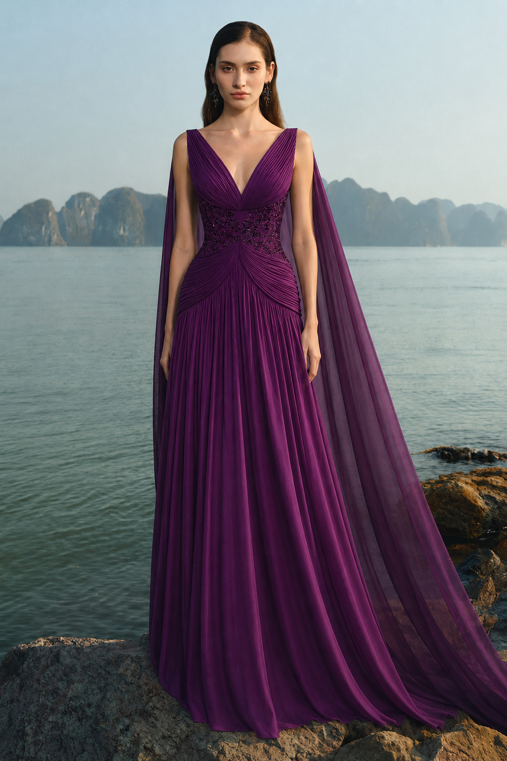 Stylized Neckline Wavy Flowing Cape Sleeves Dress - TRACY COUTURE