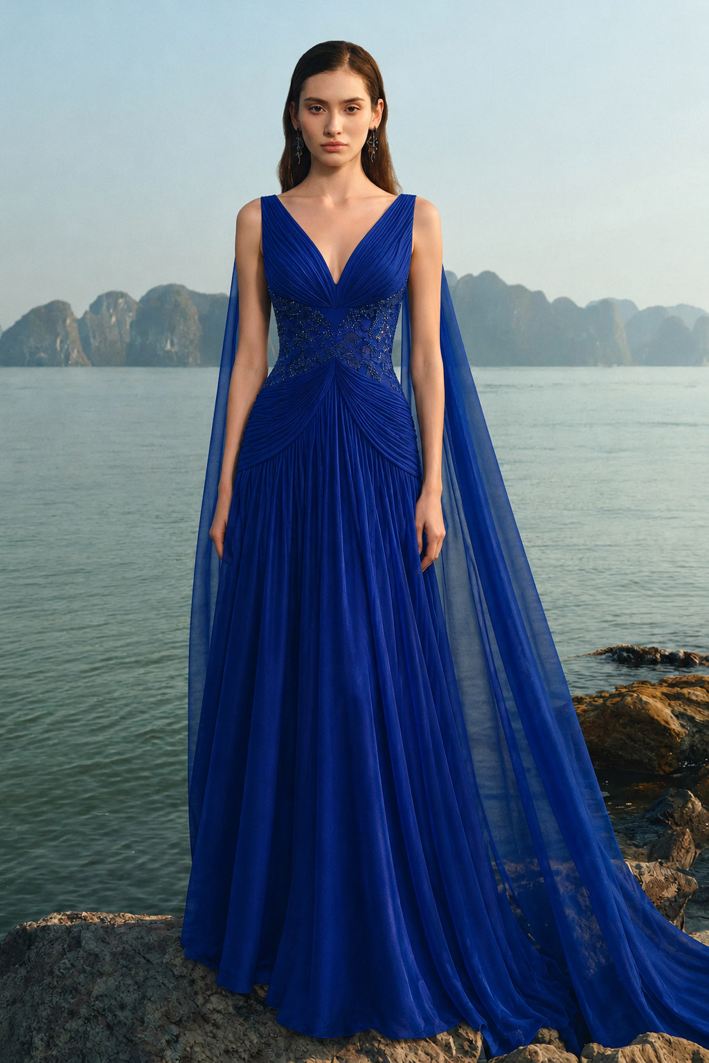 Stylized Neckline Wavy Flowing Cape Sleeves Dress - TRACY COUTURE