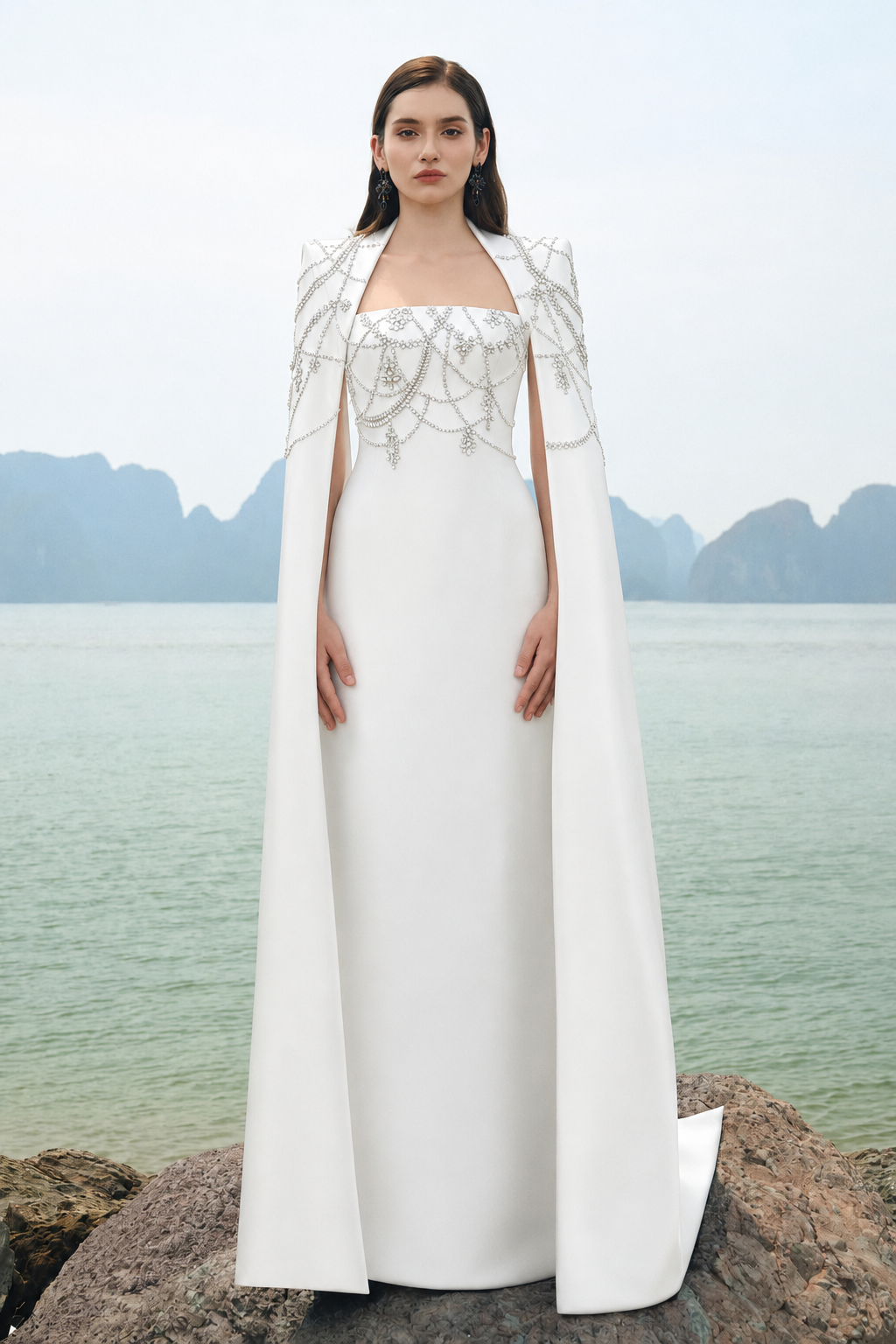 Wavy Crystalline Long Cape Sleeves Dress - TRACY COUTURE