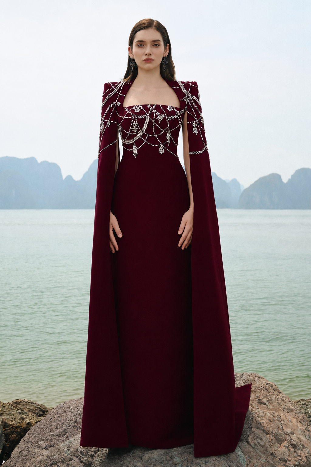 Wavy Crystalline Long Cape Sleeves Dress - TRACY COUTURE