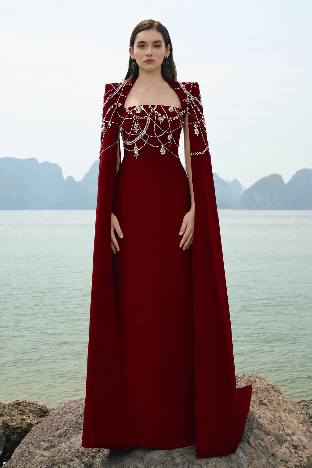 Wavy Crystalline Long Cape Sleeves Dress - TRACY COUTURE