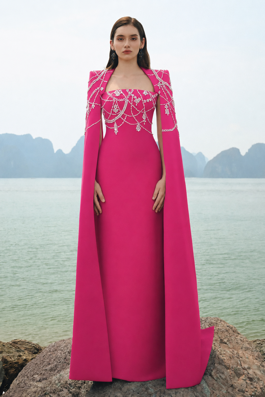 Wavy Crystalline Long Cape Sleeves Dress - TRACY COUTURE