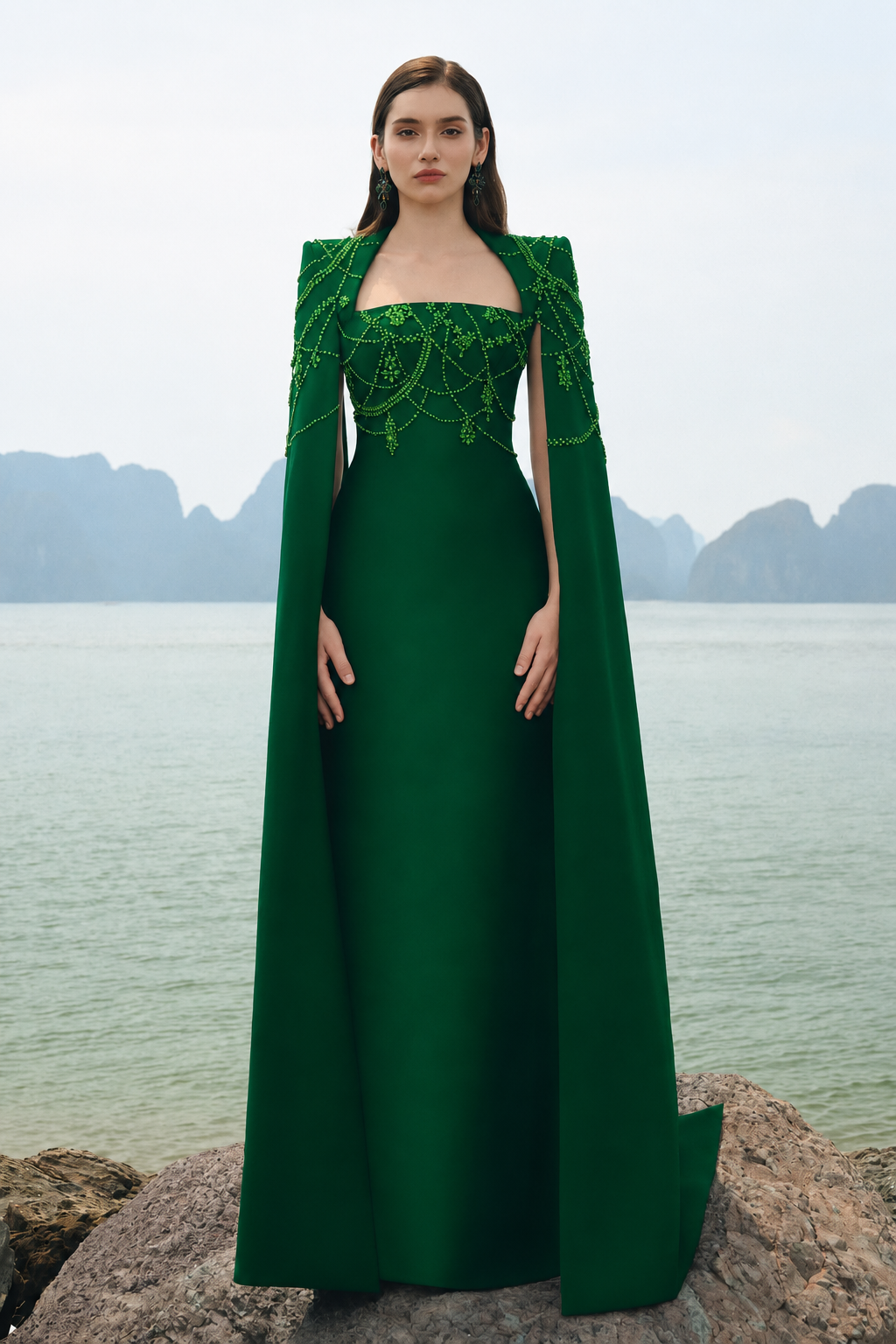 Wavy Crystalline Long Cape Sleeves Dress - TRACY COUTURE