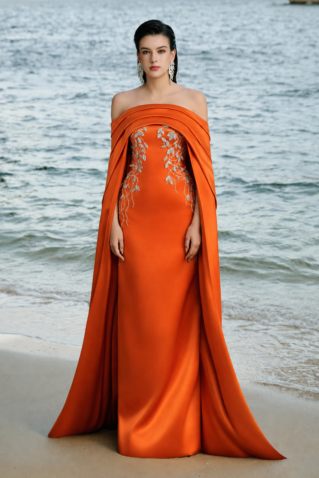 Curved Draped Off Shoulder With Long Sleeve Cape Dress - TRACY COUTURE