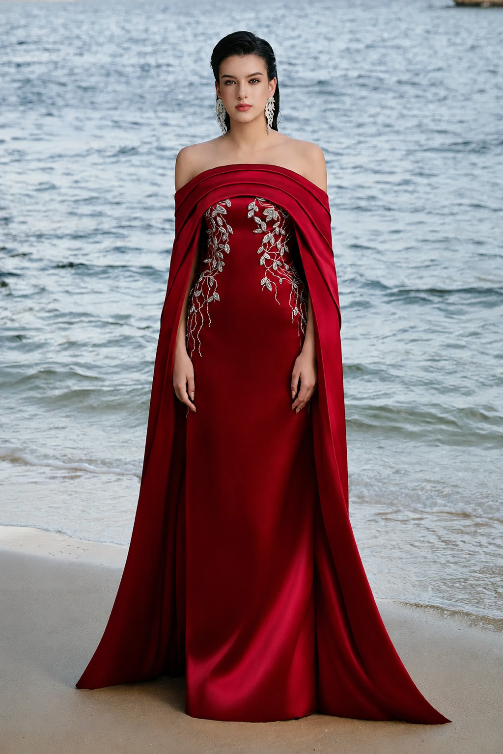 Curved Draped Off Shoulder With Long Sleeve Cape Dress XXL / Red