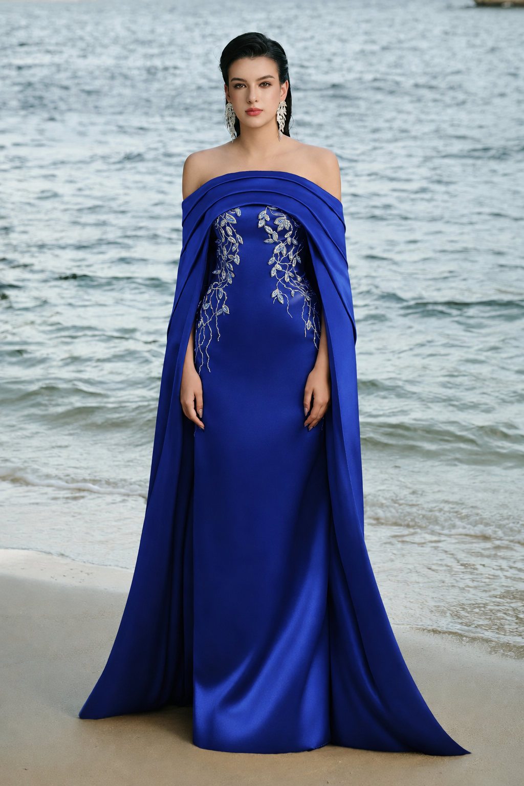 Curved Draped Off Shoulder With Long Sleeve Cape Dress - TRACY COUTURE