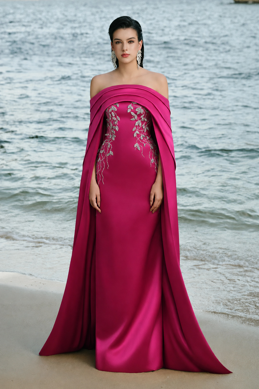 Curved Draped Off Shoulder With Long Sleeve Cape Dress - TRACY COUTURE