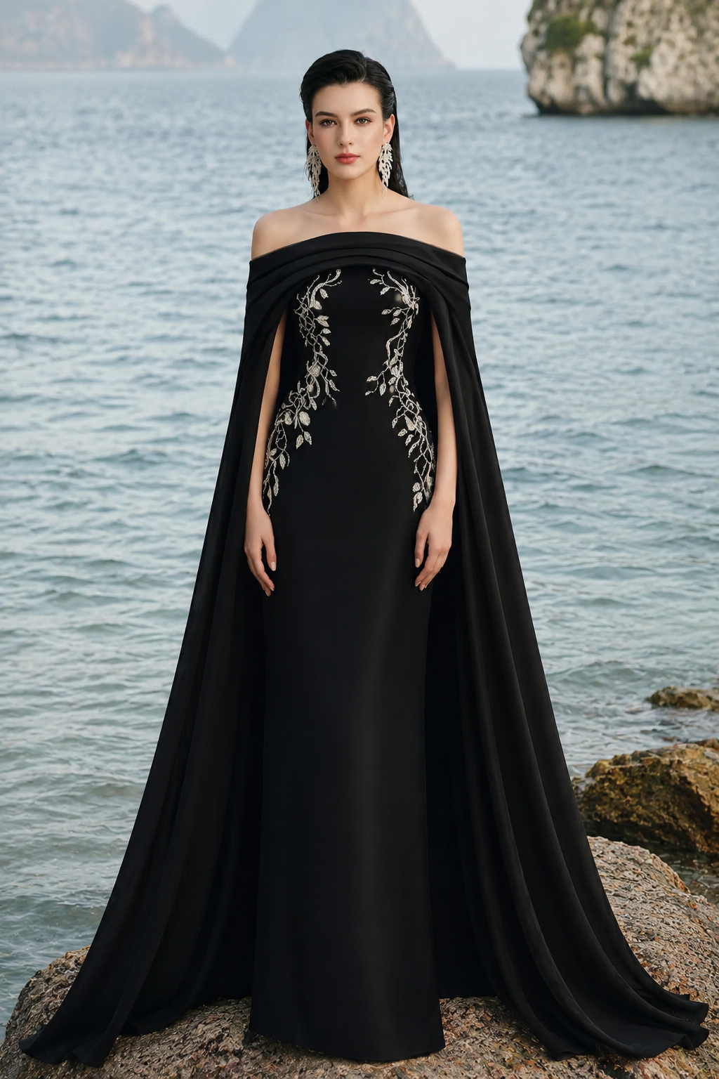 Curved Draped Off Shoulder With Long Sleeve Cape Dress S / Black