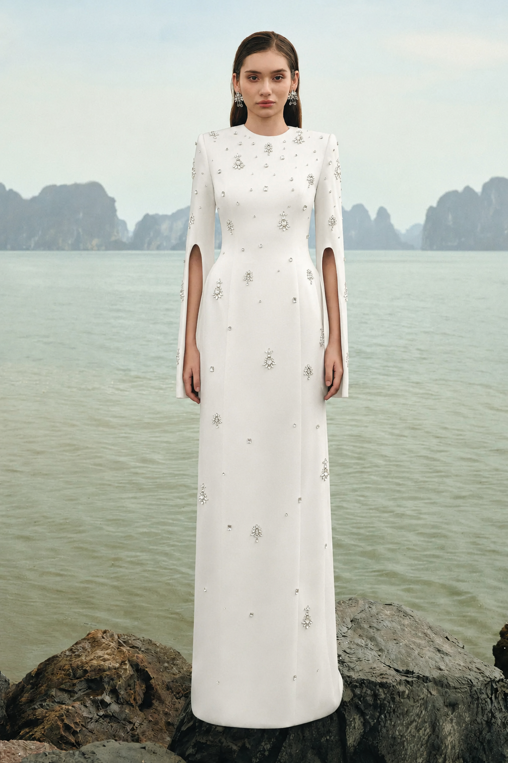 Round Neck Crystal Embellished Dress - TRACY COUTURE