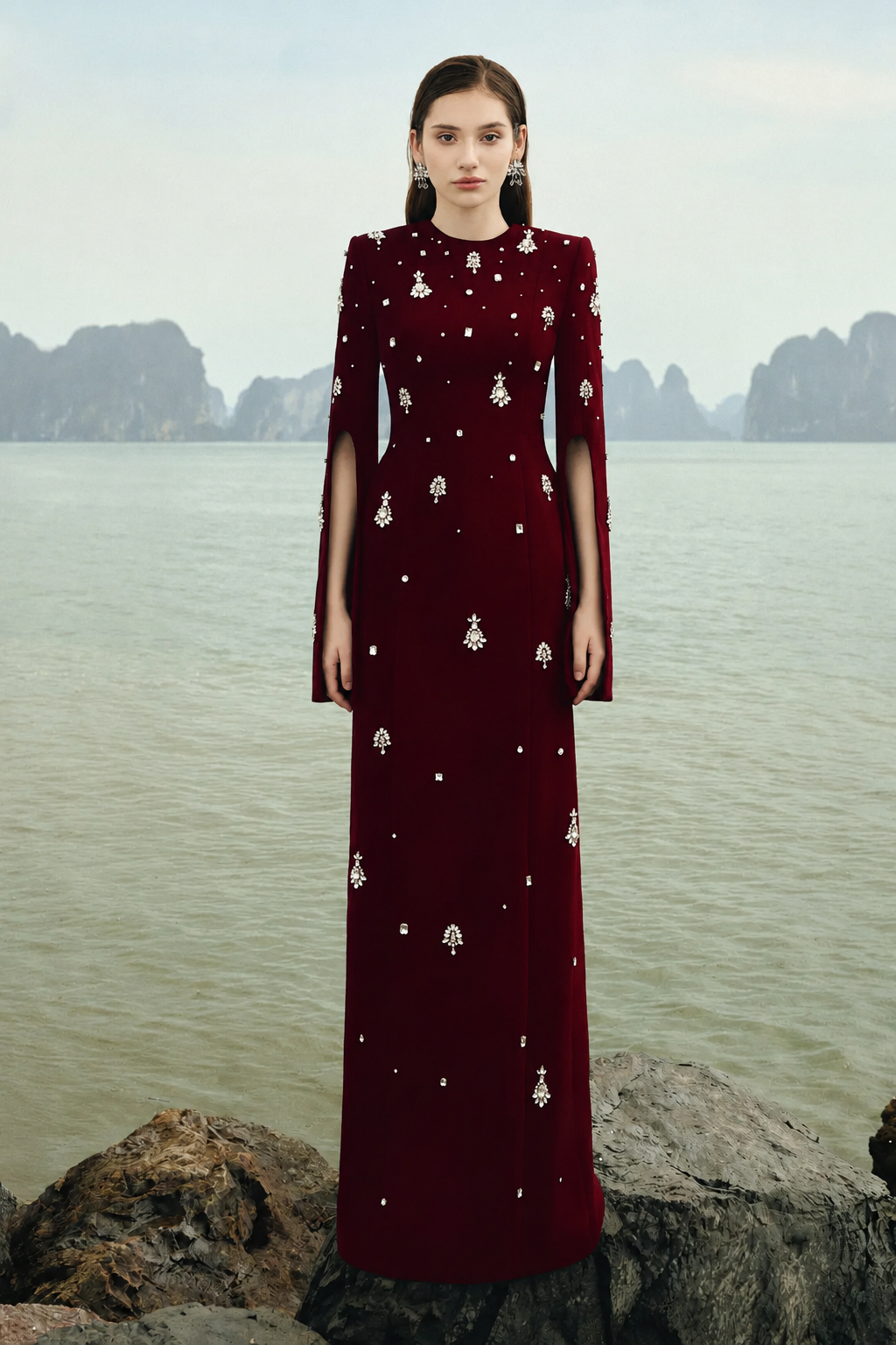 Round Neck Crystal Embellished Dress - TRACY COUTURE