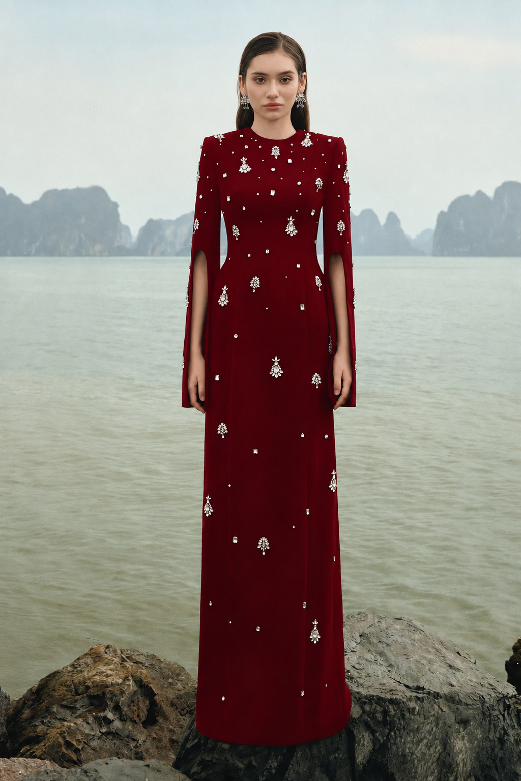 Round Neck Crystal Embellished Dress - TRACY COUTURE