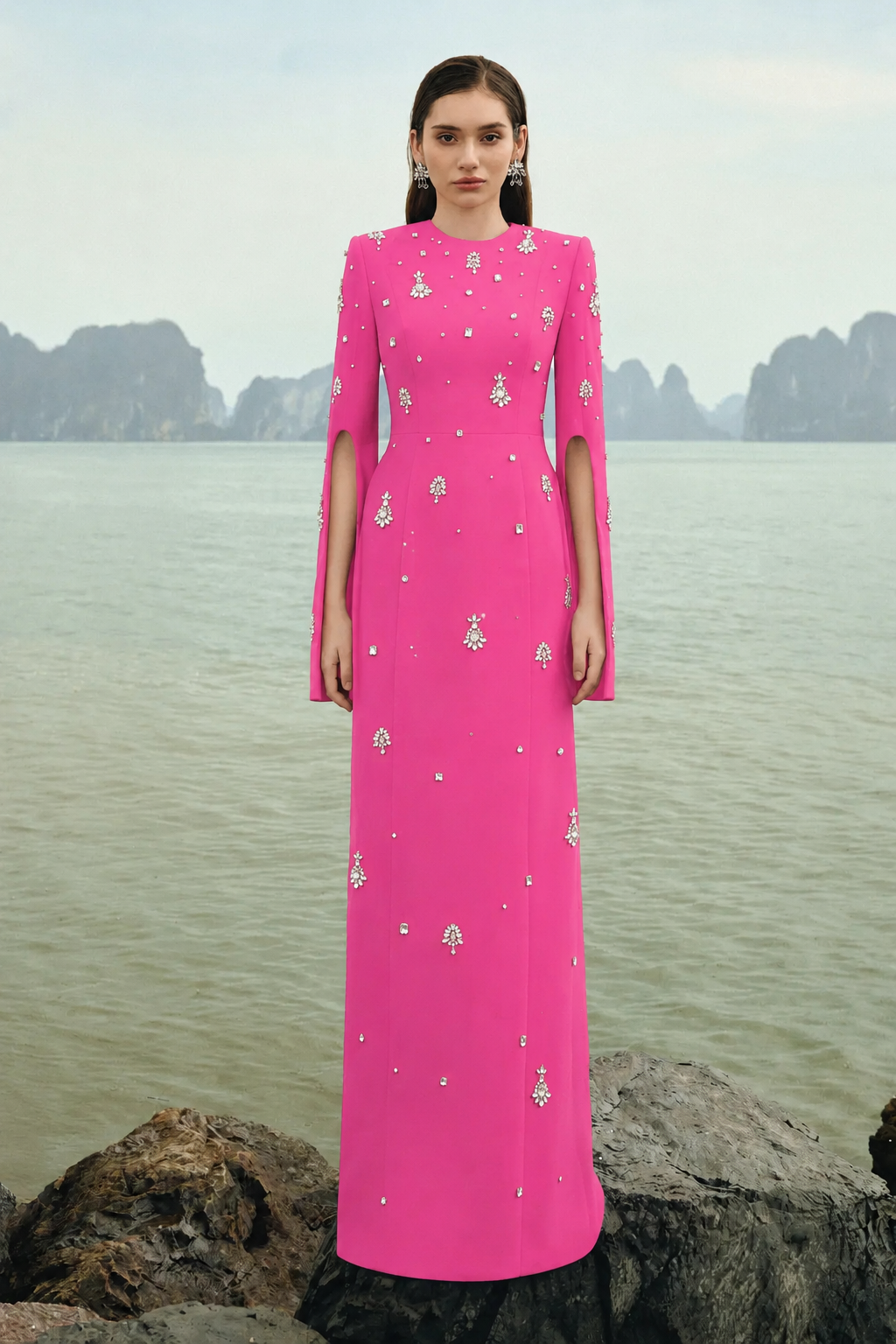 Round Neck Crystal Embellished Dress - TRACY COUTURE